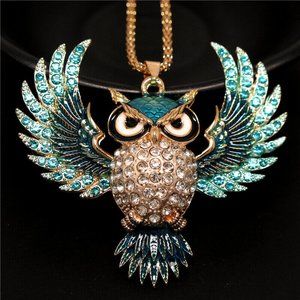 WISE OWL Aquamarine Blue Rhinestone & Turquoise Black Enamel Pendant Necklace